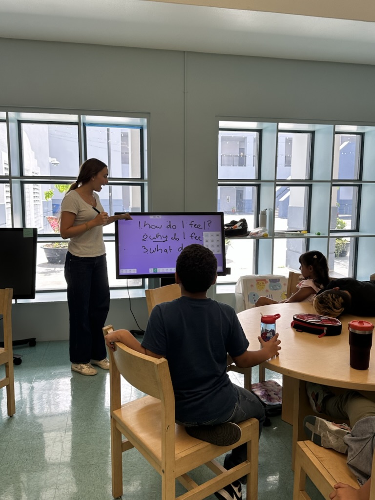 The three framework questions written on the classroom board